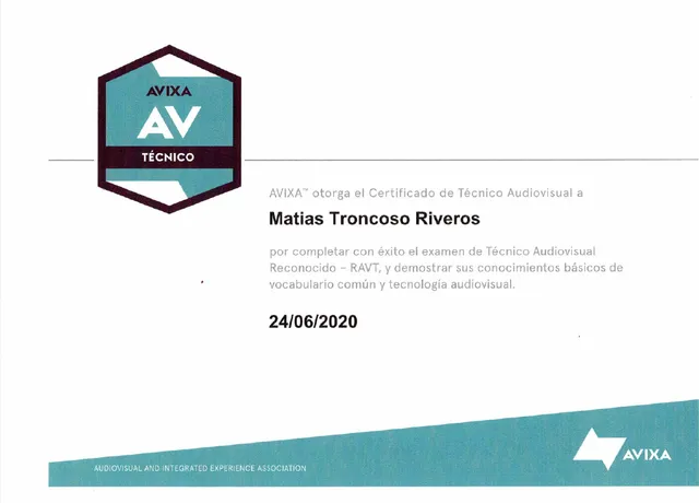 Certificado AVIXA — Técnico Audiovisual (RAVT) — Matías Troncoso