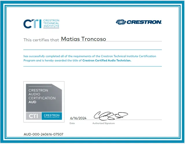 Certificado Crestron Certified Audio Technician — Matías Troncoso