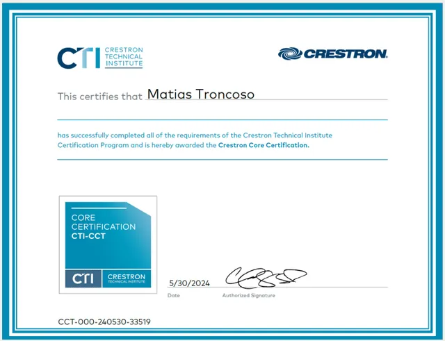 Certificado Crestron Core Certification — Matías Troncoso
