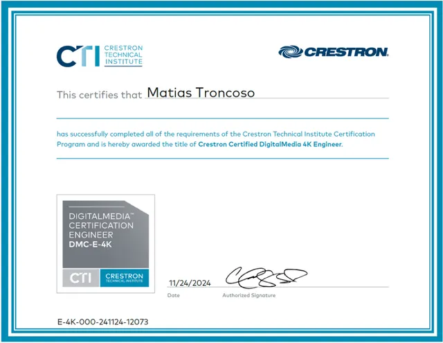 Certificado Crestron Certified DigitalMedia 4K Engineer — Matías Troncoso