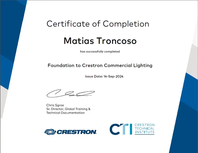 Certificado Foundation to Crestron Commercial Lighting — Matías Troncoso