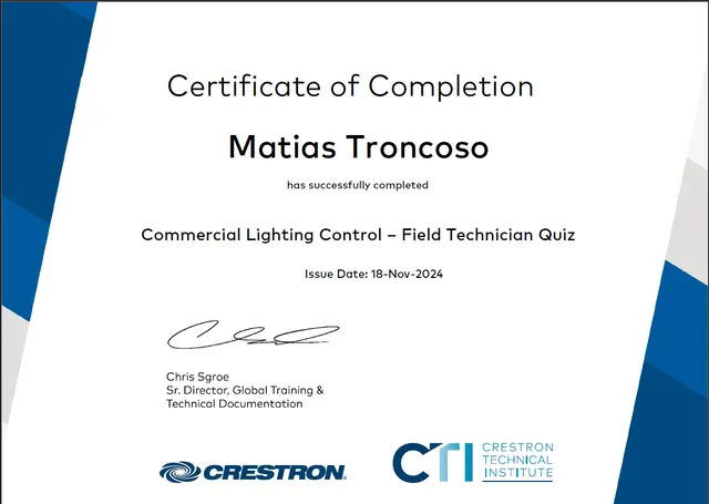 Certificado Commercial Lighting Control — Field Technician — Matías Troncoso
