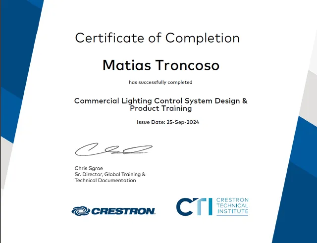 Certificado Commercial Lighting Control — System Design & Product Training — Matías Troncoso
