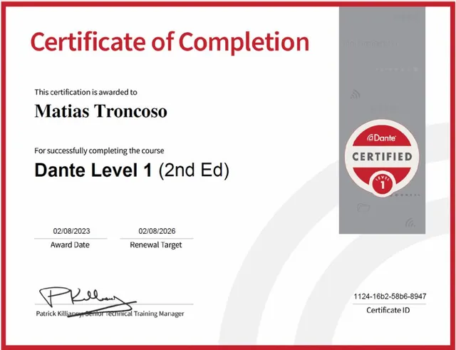 Certificado Dante Certified — Nivel 1 — Matías Troncoso