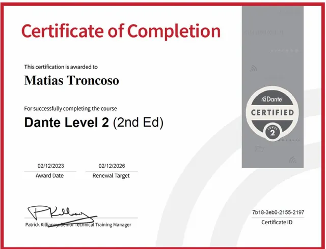 Certificado Dante Certified — Nivel 2 — Matías Troncoso