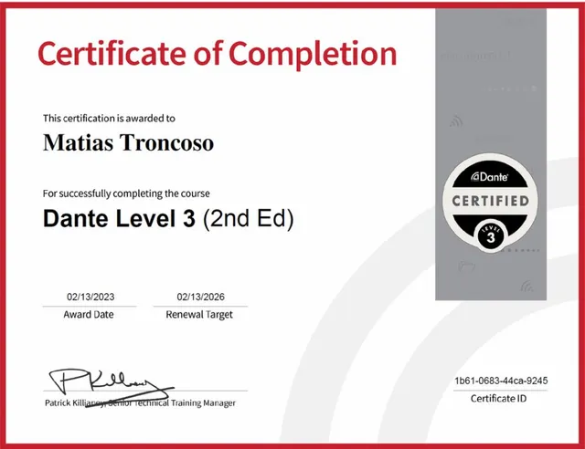 Certificado Dante Certified — Nivel 3 — Matías Troncoso