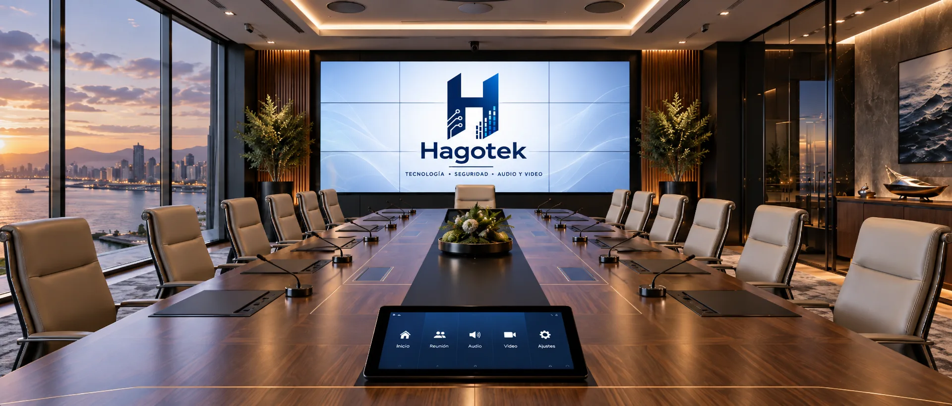 Sala de directorio equipada por Hagotek con videowall y sistema de videoconferencia
