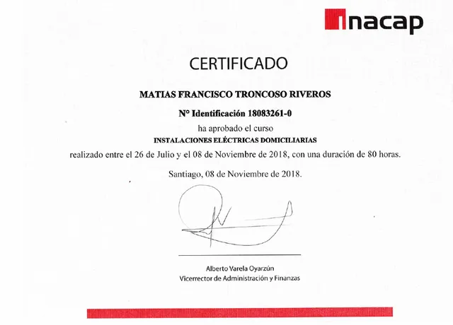 Certificado Inacap — Instalaciones Eléctricas Domiciliarias — Matías Troncoso